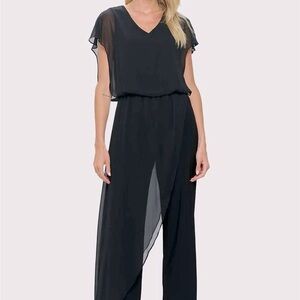 Jumpsuit with asymmetrical chiffon overlay. Black. Size small. Machine wash!